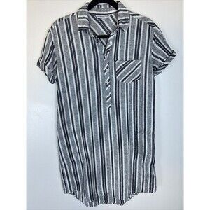 Adrienne Vittadini Short Sleeve Linen Striped Dress Size Small Boho Gray White